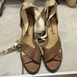 free people brown and snake skin tie up heeled sandals